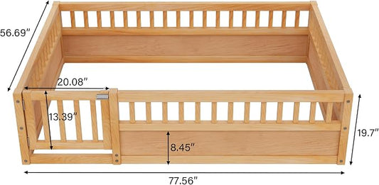 PVWIIK Full Size Floor Bed Frame with Convertible Door & Guardrails for Girls & Boys Bedroom,Montessori Bed/Near Ground Safety Design, No Box Spring Needed,Natural
