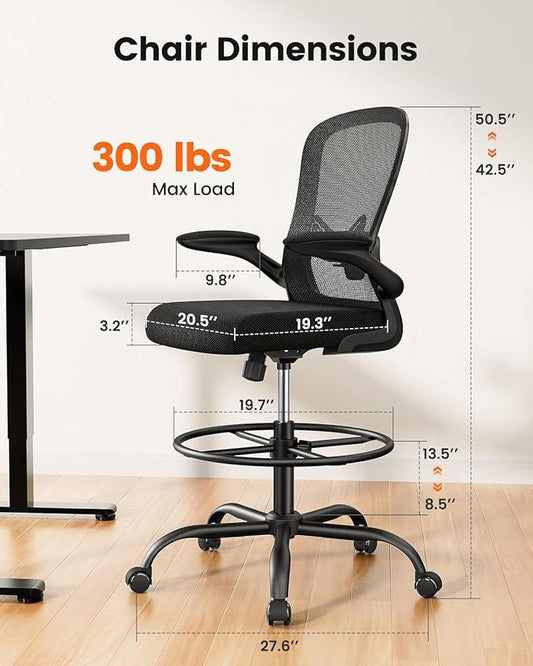 ErGear Drafting Chair, Standing Desk Chair with Flip-Up Armrests, High Desk Chair Adjustable Height, Ergonomic Tall Office Chair with Lumbar Support and Adjustable Footrest Ring,4 Pack