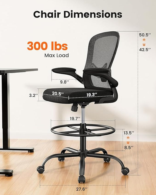 ErGear Drafting Chair, Standing Desk Chair with Flip-Up Armrests, High Desk Chair Adjustable Height, Ergonomic Tall Office Chair with Lumbar Support and Adjustable Footrest Ring,20 Pack