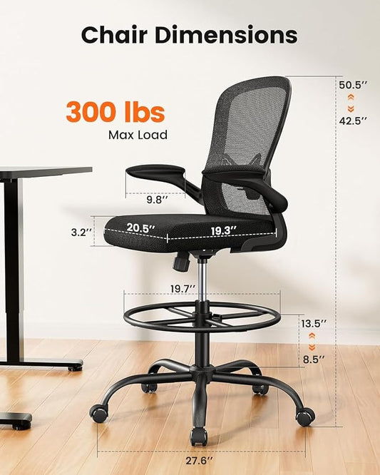 ErGear Drafting Chair, Standing Desk Chair with Flip-Up Armrests, High Desk Chair Adjustable Height, Ergonomic Tall Office Chair with Lumbar Support and Adjustable Footrest Ring,10 Pack