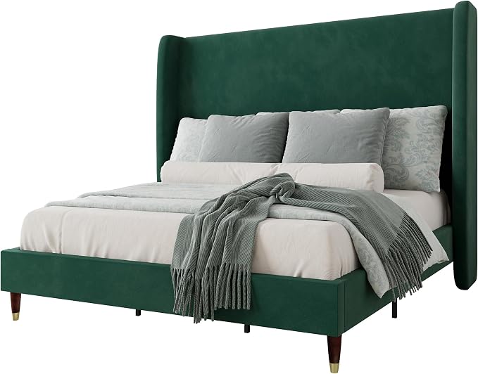Jocisland King Size Bed Frame 51.2" Wingback Headboard Velvet Upholstered Platform Bed,Solid Wood Legs & Wooden Slats,No Box Spring Needed,Noise-Free,for Family Master Suite Bedroom Upgrade,Green