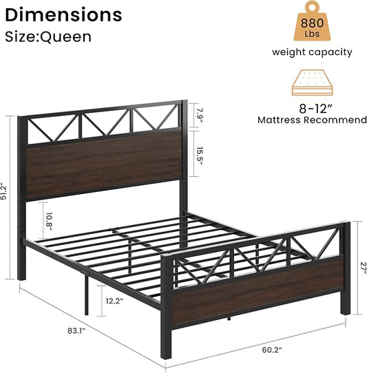 LIKIMIO Queen Bed Frame, Tall Industrial Headboard 51.2 ", Platform Bed Frame with Strong Metal Support, Solid and Stable, Noise Free, No Box Spring Needed, Easy Assembly, Dark Brown