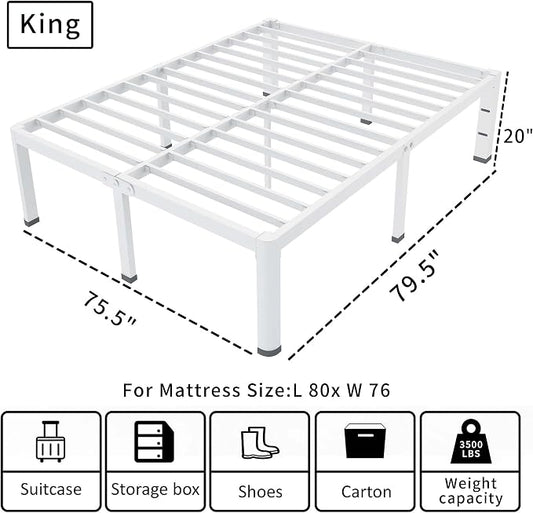 ROIL 20 Inch White King Bed Frame with Rounded Corner and Headboard Hole Mattress Retainers, 3500LBS Heavy Duty Steel Slats No Box Spring Needed Platform Noise-Free Easy Assembly