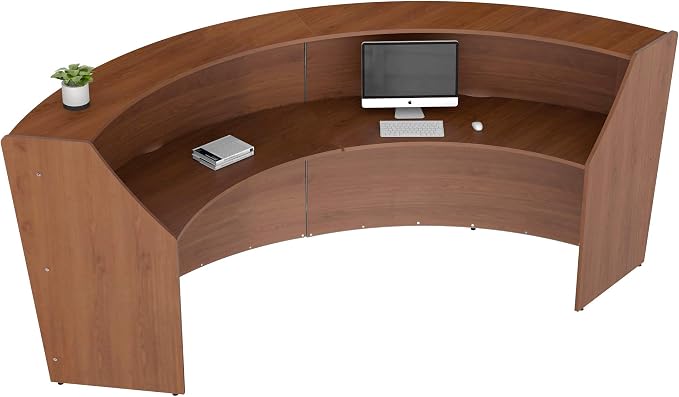 Linea Italia Curved Modern Office Desk Easy to Assembly 2 Panel Reception Counter for Lobby, Salon, 124" x 49", Cherry