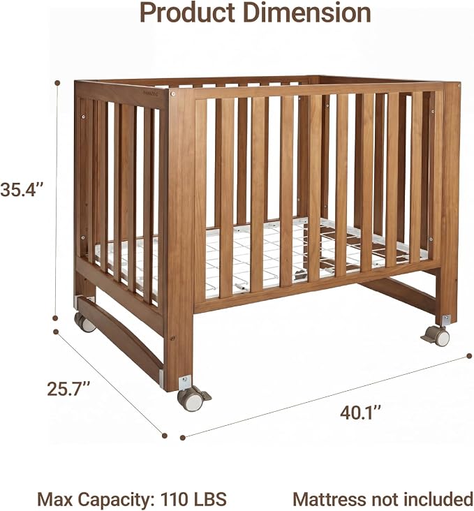 MAMAZING EvoNest 6-in-1 Convertible Baby Mini Crib with Wheels | GREENGUARD Gold Certified, New Zealand Pine Wood, 4 Adjustable Heights, Rocking Mode, Small Spaces Design, Walnut Brown
