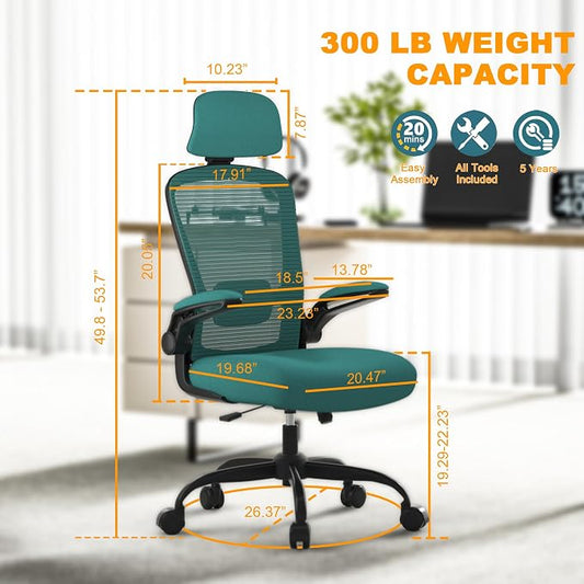 Mimoglad Office Chair, High Back Ergonomic Desk Chair with Adjustable Lumbar Support and Headrest, with flip-up Armrests for Guitar Playing, 5 Years Warranty (Modern, Dark Green(Black Frame))