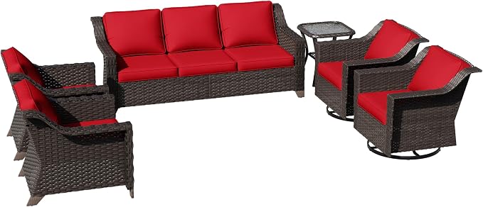 6 Pieces Patio Conversation Furniture Set - 1 Sofa, 2 Swivel Chairs, 2 Armchairs, 1 Side Table, Outdoor Wicker Furniture with Removable Cushions for Porch, Balcony, Sunroom (Red)