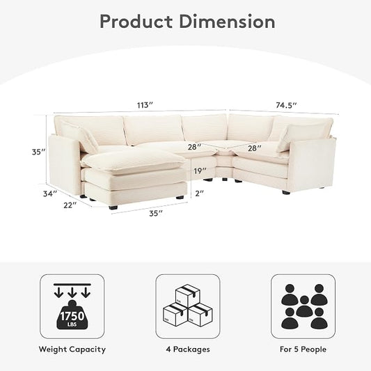 ROWHY 113'' Modular Sectional Cloud Couch, 5 Seater Corner Sofa Big Comfy Corduroy Oversized L Shaped Couch with 2 Pillows, Chaise, Ottoman, Deep Seat Sectional Couches for Living Room Office, Beige