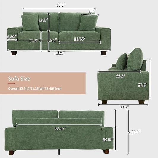DOPEDIO Modern Loveseat Sofa for Living Room,Chenille Recliner, Removable Cover, Pocket Spring Cushions, Solid Wood Frame, Easy Assembly for Small Spaces (71.25inch,Green)