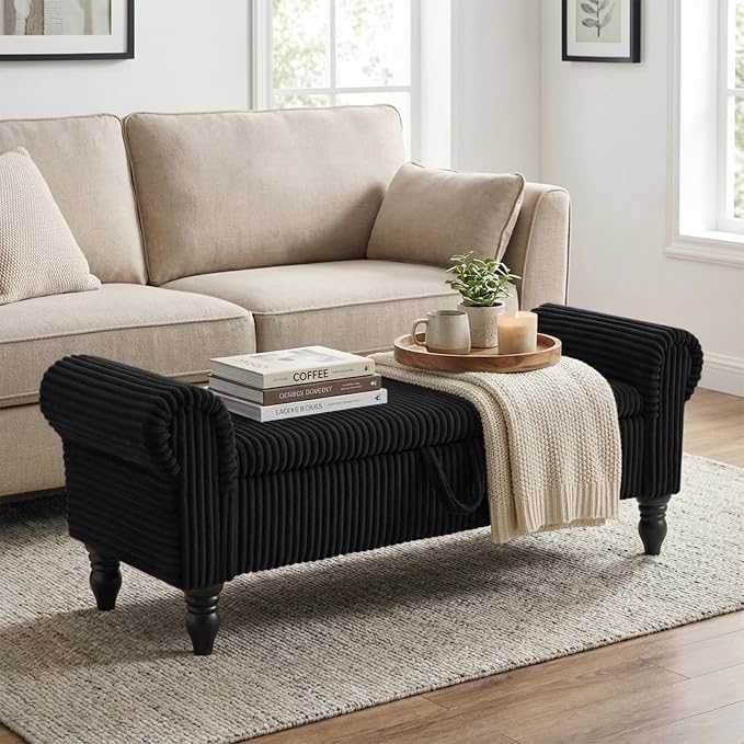 55" Storage Bedroom Bench for End of Bed, Storage Ottoman with Rolled Arms for Bedroom, Living Room, Entryway (Black)