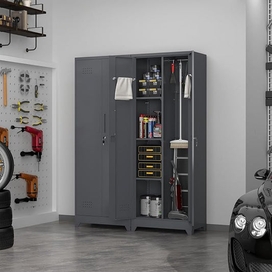 65''H Garage Storage Cabinets, Metal Locking Storage Cabinet with Doors and Shelves, Utility Closet Cabinet with Hanging Rod, Cleaning Storage for Kitchen, Office, Garage