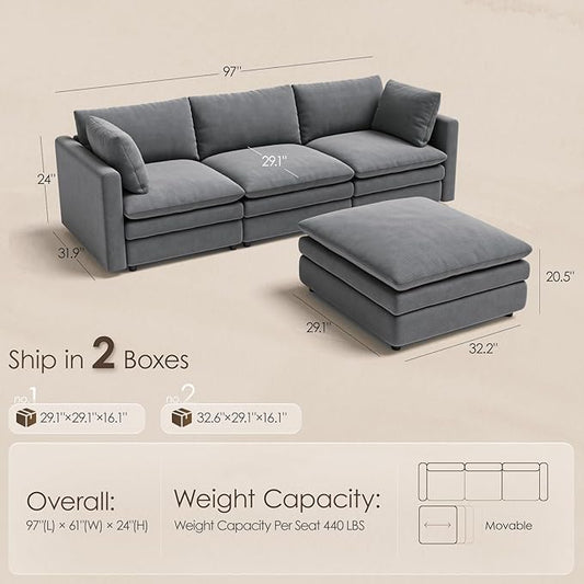 97" Cloud Couches for Living Room, 29.1" Deep Seat Modular Sectional Sofa, L Shaped Cloud Sofa with One Movable Ottoman