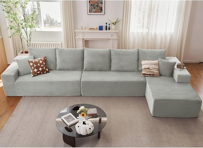 166.9" Cloud Sectional Couch with L-Shape Chaise, Upholstered Corduroy Couches Sleeper with Deep Seat, Modern Modular Comfy Sofa Chaise Longue for Living Room Bedroom, No Assembly Required, Grey