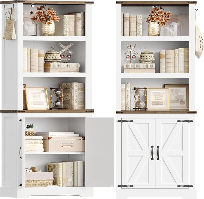 TEENFON 70.9in Tall Storage Cabinet with Adjustable Shelves, Kitchen Pantry Cabinet with 2 Barn Doors, 5 Tiers Farmhouse Bookcase for Living Room, Kitchen, Home Office, Bedroom, White