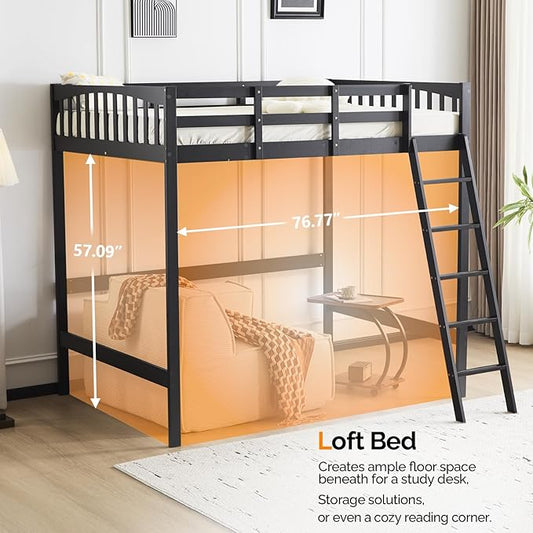 VINGLI Loft Bed Full Size with 15 inches Guardrail/USB Charging Station/LED, Solid Wood Double High Sleeper with Flat Rungs for Kids/Teens/Adults,No Box Spring Needed, Black