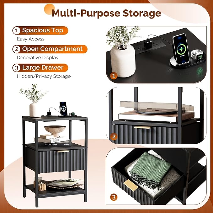 VINGLI Nightstands Set of 2 with Charging Station and Fabric Drawer, Fluted Nightstand/Bed Side Table/End Table for Bedroom, Black Night Stand Small, Bedside Table with Charging Station, 2 pcs