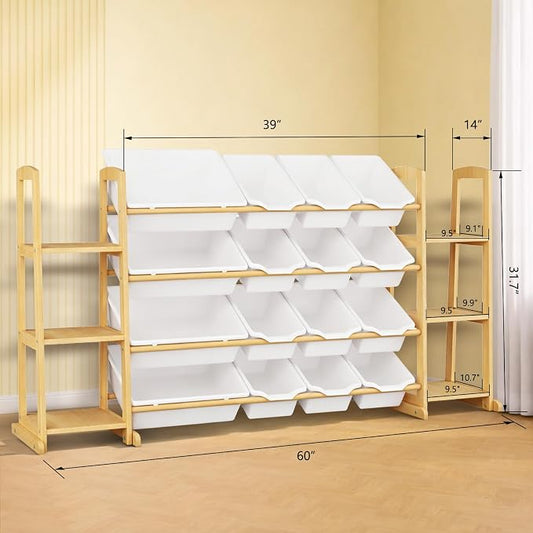 Kids Toy Storage Organizer with Bookshelf – Wooden Shelf with 16 Bins & 6 Shelves, Quick Assembly Storage Rack for Playroom, Bedroom, Nursery - White