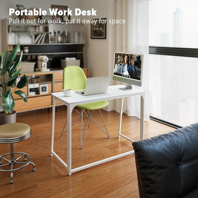 WOHOMO Folding Desk, Small Writing Desk 39.4", Space-Saving Foldable Laptop Table Writing Workstation for Home Office, Easy Assembly, White