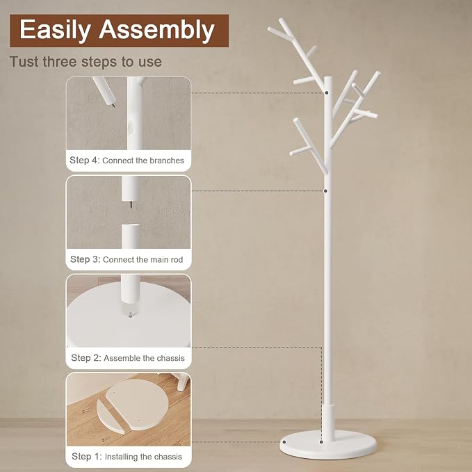 Muwuele Coat Rack, Solid Wood Coat Rack Freestanding with 12 Hooks, Coat tree freestanding 3 Adjustable Heights for coat, Hats, Handbags,Coat Stand for Entryway,Bedroom (White)