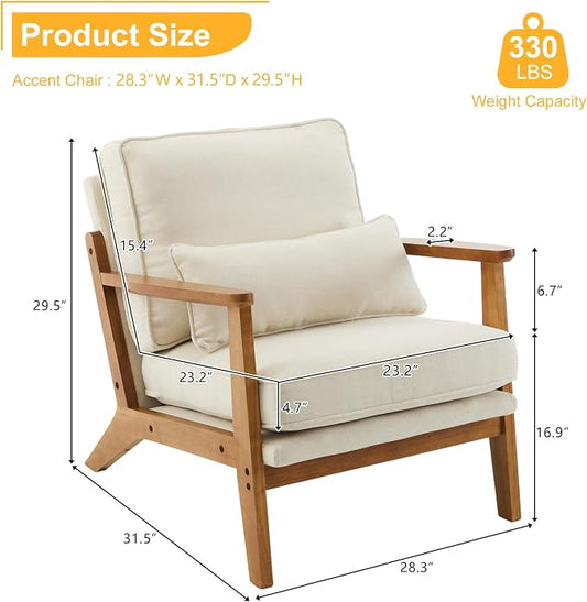 Karl home Mid-Century Lounge Accent Chair, Beige | Wide Curved Armrest, Linen Fabric, Lumbar Pillow Included, Solid Wood Frame, For Living Room, Bedroom, Balcony, Apartment