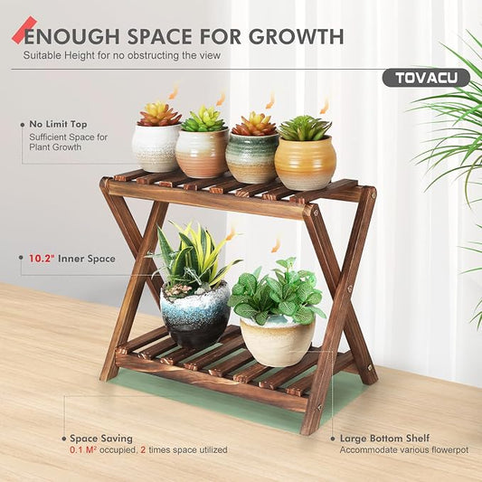 Small Plant Stand Shelf Indoor 2 Tier Desk Table Top Flower Succulent Stand | Wood Windowsill Plant Shelf Holder Desktop Mini Cactus Stands Rack for Kitchen,Window,Countertop (X-2 Design)
