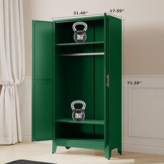 Metal Wardrobe Storage Cabinet with Hanging Rod,71'' Metal Clothing Cabinet with 2 Doors and 2 Adjustable Shelves for Bedroom, Laundry Room, Cloak Room (2 Doors-71'', Green)