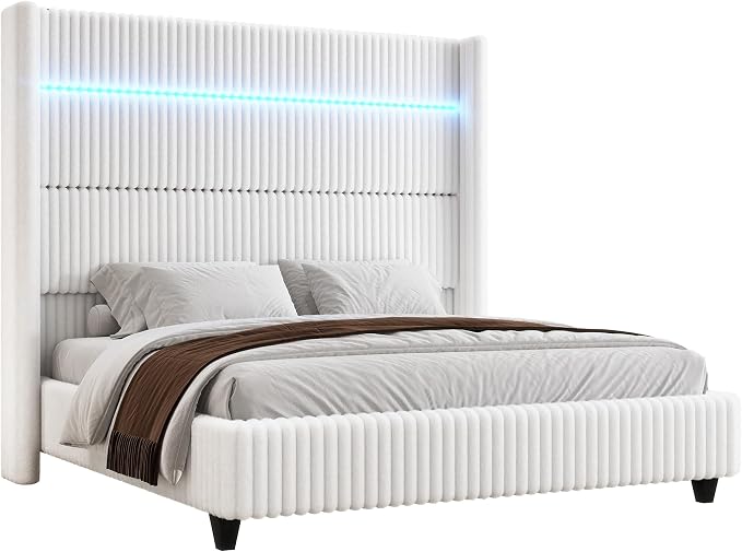 Jocisland Cal King Bed Frame Faux-Fur Upholstered 60" Tall Headboard, White | Wingback Headboard, LED lights, USB Charging, Noise-free, No box spring needed, easy assembly, for Tall People