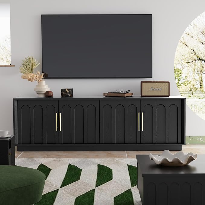 FORTUNETEC TV Stand for 75 Inch TV, 67" Entertainment Center with Arched Design, Minimalist Media Console with Adjustable Shelves, Modern TV Stand for Living Room Bedroom, Black