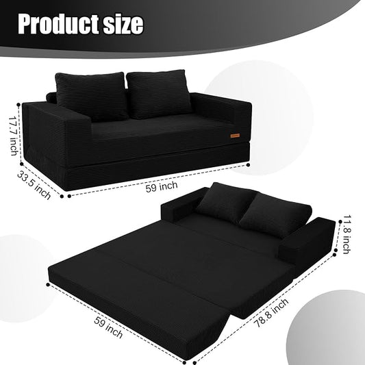 COMAX Futon Sofa Bed, Convertible Sofa Bed, Folding Boneless Couches | Boneless Couch for living room, 4‑in‑1 Fold Out Small Foldable Loveseat Floor Sleeper Mattress Lounge Space‑Saving