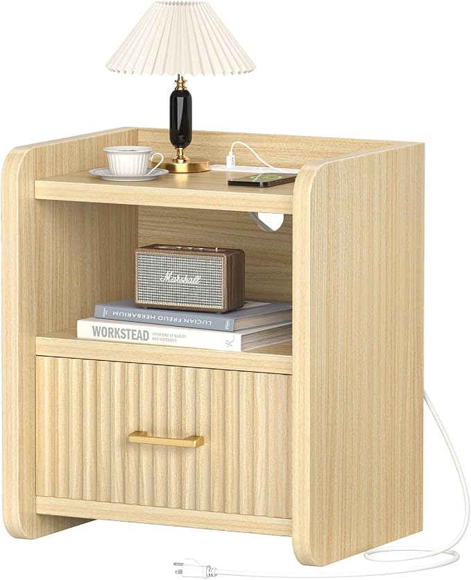 Night Stand with Charger Station - Modern Wood Nightstand with Drawer Storage, Fluted Wide Nightstands Bedside Table, Mid Century Night Stands for Bedroom Home Office Sofa, Natural