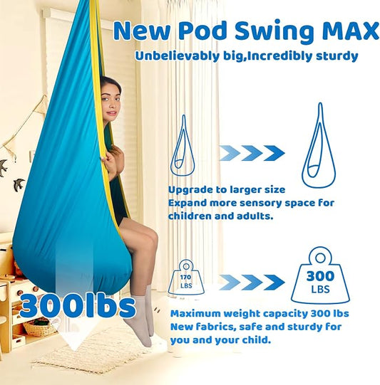 HiCamer Sensory Swing for Kids Indoor and Outdoor Pod Hammock Chair Seat Upgrade Max 300 lbs Hanging Swing with Inflatable Cushion Includes Hardware Hanger Kit for Aspergers Autism ADHD (Teal)