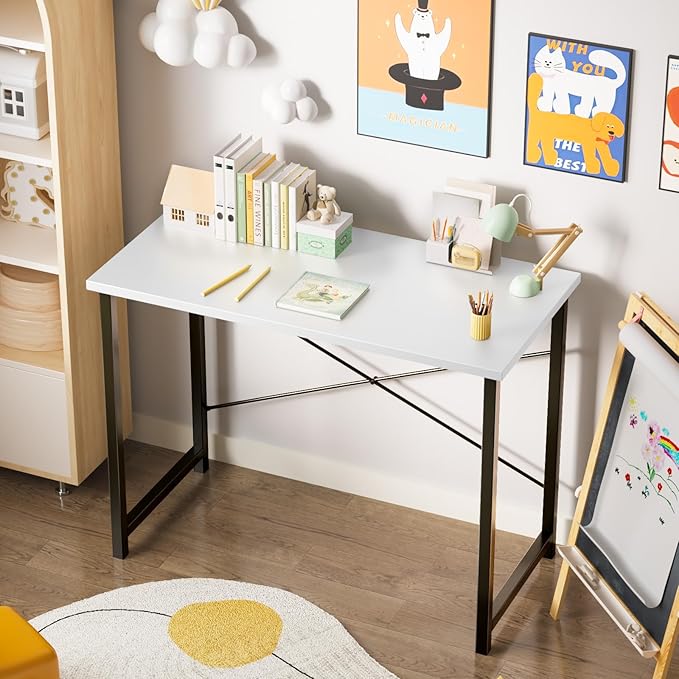 Sweetcrispy Computer Office Desk 55 Inch Student Study Writing Work with Metal Frame Wood Tabletop Modern Simple PC Home Bedroom Table, Compact Sturdy Desk for Laptop, Study, Gaming, White