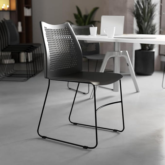 Flash Furniture HERCULES Series 661 lb. Capacity Black Stack Chair with Air-Vent Back and Black Powder Coated Sled Base
