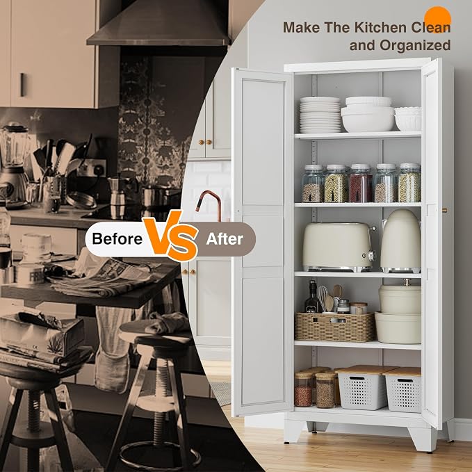 Yizosh Metal Storage Cabinet with 2 Doors and 4 Adjustable Shelves - 71" White Kitchen Pantry Storage 4-Tier Tall Steel Cabinets Locker for Kitchen, Living Room, Dining Room