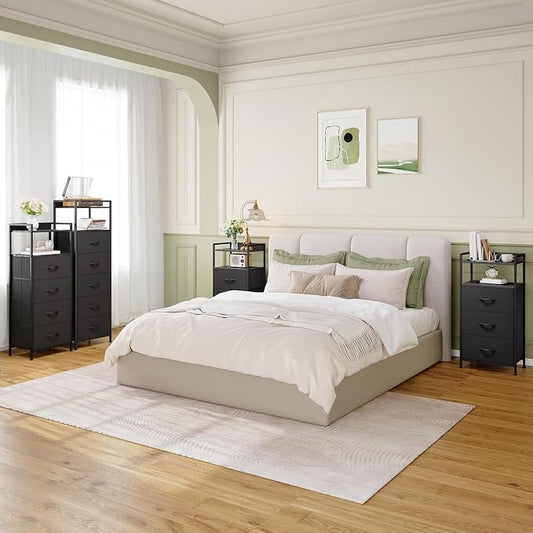 Somdot Nightstand with 4 Drawers, Vertical Storage Tower Fabric Dresser for Bedroom, Night Stand Bedside Table Furniture, Sturdy Steel Frame, Wooden Top & Easy Pull Fabric Bins, Black