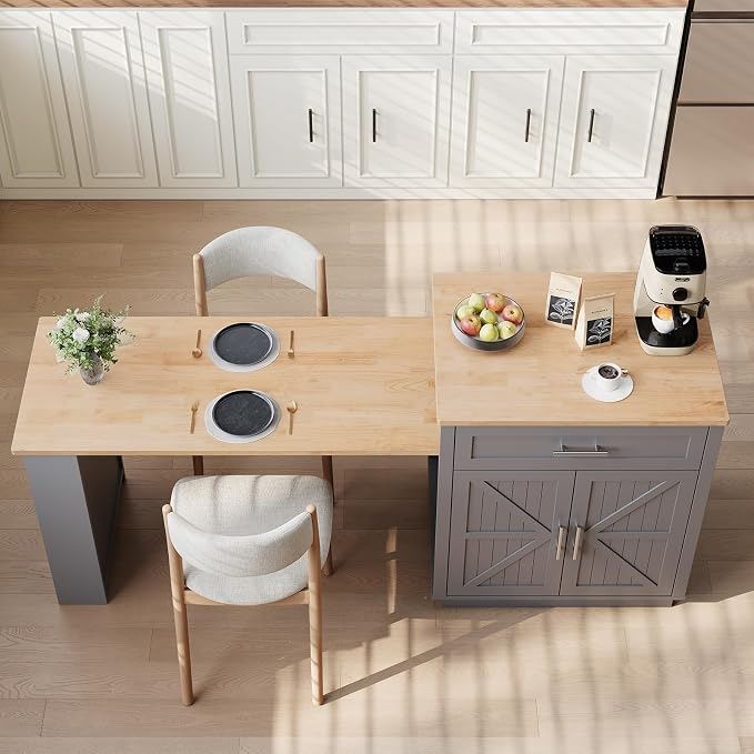 ONBRILL 76" Kitchen Islands with Extendable Dining Table, 2-4 Island Table with Double-Side Storage, Mobile Storage Islands Cart with Power Outlet & Spice Rack, Grey
