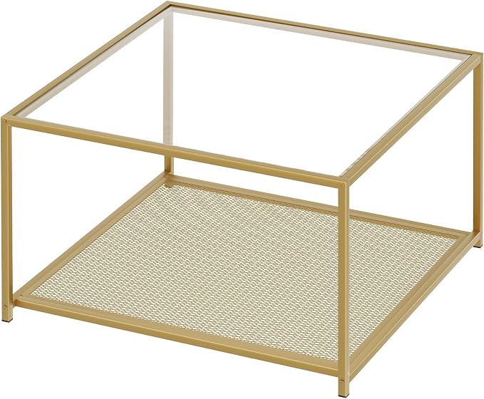 Gold Glass Coffee Table, Square Coffee Tables with Storage Shelf, Simple Tea Cocktail Modern Center Tables for Small Space, Living Room, Easy Assembly, 26 * 26in(Gold)