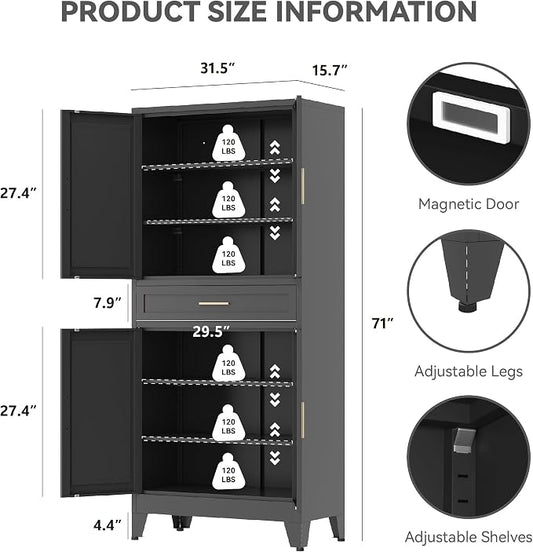 Baborokic 71" Tall Metal Storage Cabinet with Drawer and Adjustable Shelves,Farmhouse Kitchen Pantry Storage Cabinet with Doors,Large Wide Cabinets for Craft Room,Office,Dining Room,Kitchen(Black)