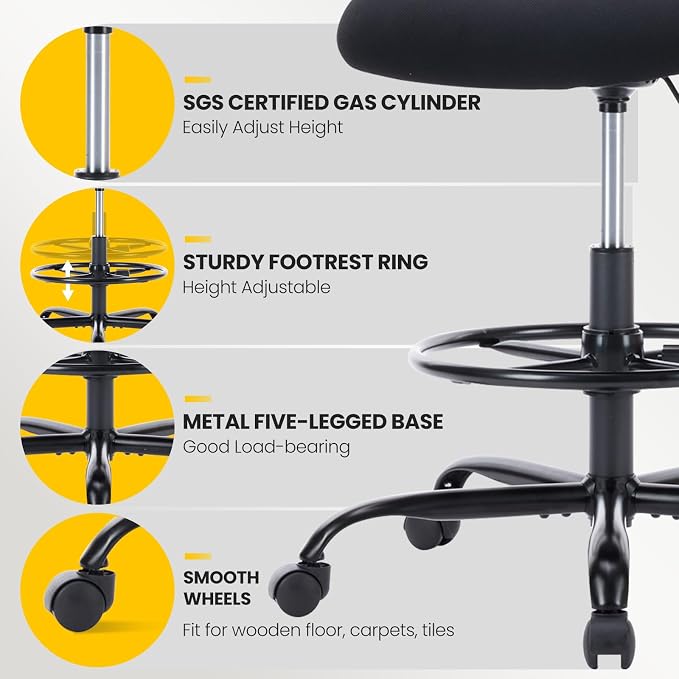 Sweetcrispy Tall Drafting Desk Chair - Ergonomic High Stool Computer with Adjustable Height and Comfy Lumbar Support, Office Rolling Counter with Flixed Arms and Footrest, Dark Black