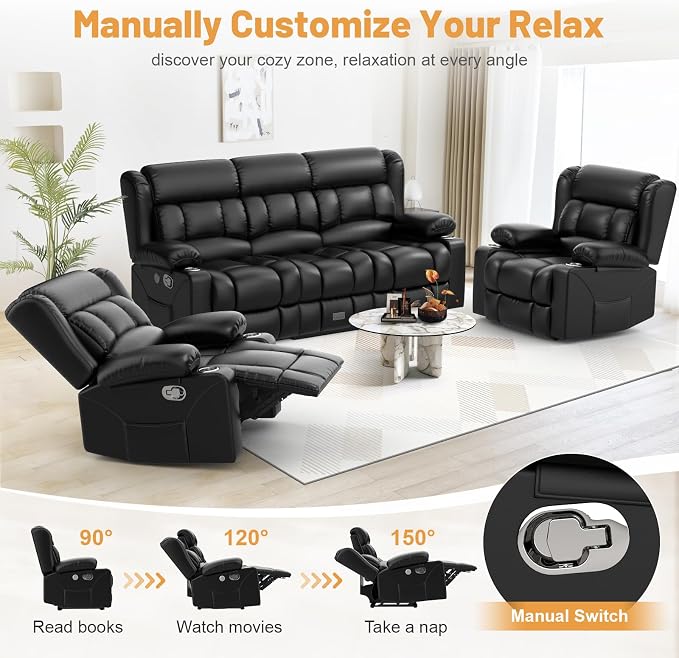 Dresegmt Recliner Sofa Set, Flip Middle Backrest Design PU Leather 3 Seater Reclining Sofa and 2PC Single Recliner Chair, Manual Couches for Living Room (Black, PU 3+1+1)