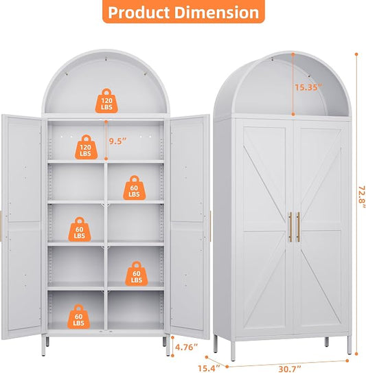Metal Arched Pantry Cabinet with 6 Adjustable Shelves,Tall Arched Cabinet with 2 Doors for Kitchen, Home,Required Assembly,White,72.8" H x 30.7" W x 15.4" D.