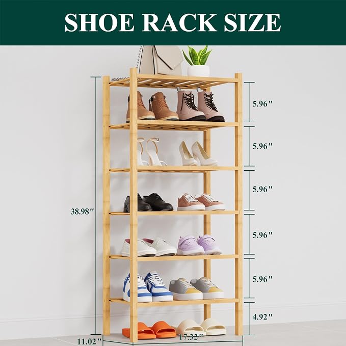 Smiry Small Bamboo Shoe Rack, 6 Tier Free Standing Wooden Shoe Organizer, Stackable Wood Shoe Storage Shelf for Closet, Entryway, 14 Vertical Slats, 2+2+2 Stack Thicker Legs, 17.3"x11"x39", Natural