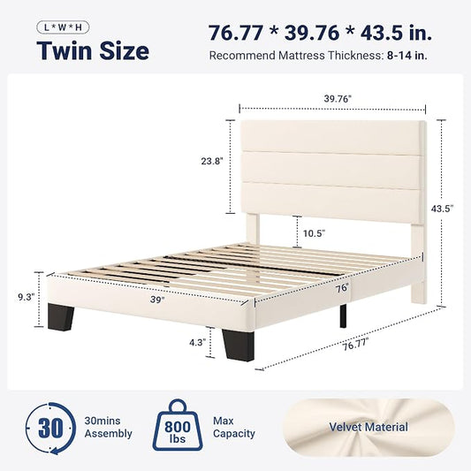 Allewie Twin Size Platform Bed Frame with Fabric Upholstered Headboard and Wooden Slats Support, Fully Upholstered Mattress Foundation/No Box Spring Needed/Easy Assembly, Cream