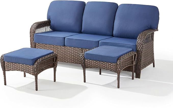 Belord Luxury Outdoor High Back Couch with Ottoman, All-Weather Wicker 3-Seater Sofa, 3 Piece Patio Conversation Furniture Set,Blue