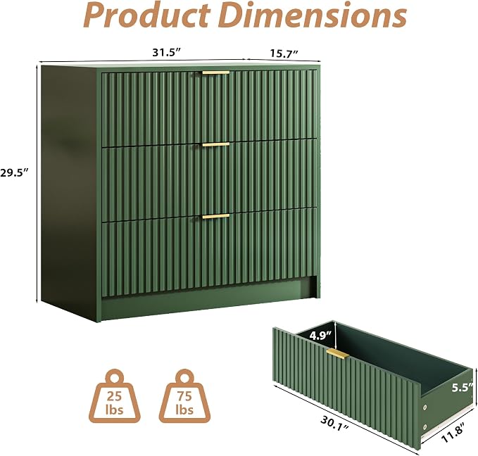 MAISONARIA 3-Piece Dresser Bedroom Set, 8 Drawer Dresser & 3 Drawer Nightstands with Gold Handles, Fluted Wood Chest of Drawers for Bedroom, Living Room, Entryway, Green