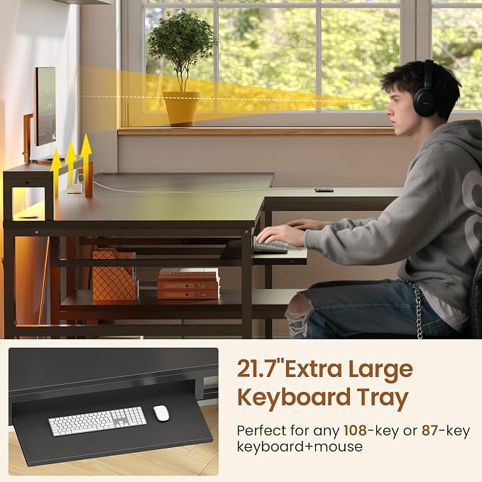 SEDETA 94.5" Office Computer Desk, 2 Person Gaming Desk with Storage, LED Lights, Keyboard Tray, Power Strip with USB & Monitor Stand, Long Two Person Desk for Home Office, Black