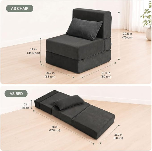 Folding Sofa Bed, Convertible Sleeper Chair with Pillow, Foldable Mattress & Back Support, Portable Floor Lounger Futon for Apartment, Dorm, Living Room, Bedroom, Grey (Black)