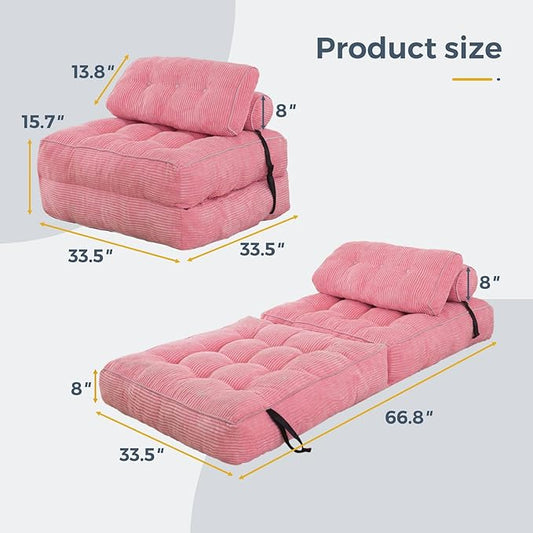 MAXYOYO Folding Sofa Bed, Convertible Chair with Pillow Foldable Couch with Back Support, Portable Fold Out Chair Bed Comfy Floor Sofa Lounge for Living Room Bedroom, Pink, Single
