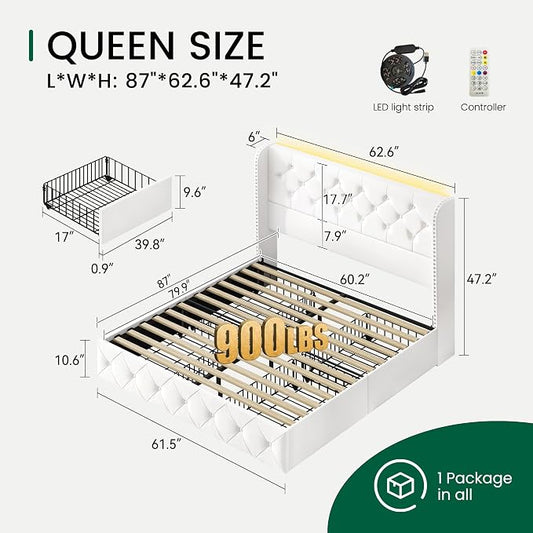 LARMACE Queen Size Bed Frame with LED Lights and 4 Storage Drawers Velvet Upholstered Platform Bed Frame with 47.2" Tall Tufted Headboard Wingback, No Box Spring Needed, Easy to Assemble, White