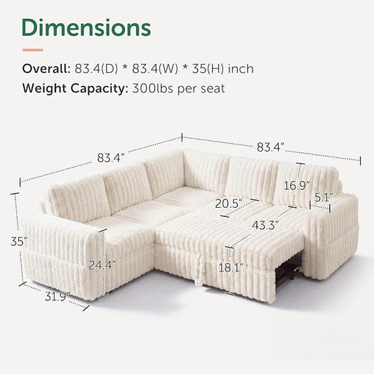 HONBAY Plush Corduroy Modular Sectional Sofa with Pull Out Bed, Convertible L Shaped Couch with Storage,Sleeper Sectional Couches for Living Room,Plush Beige